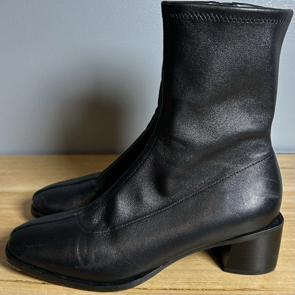 Quince Black Luxe Italian Leather Stretch Mid Calf Square Toe Heeled Sock Bootie